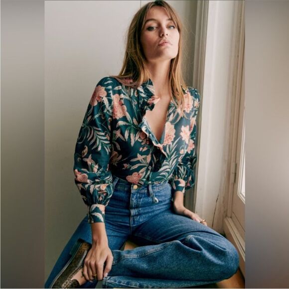Sezane Tops - Sezane Chemise Chlo Dark Green Floral Blouse size 42/10